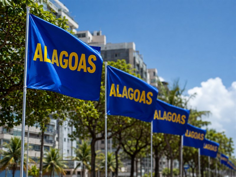 Bandeiras de campanha em hastes ao longo de uma avenida arborizada em Maceió
