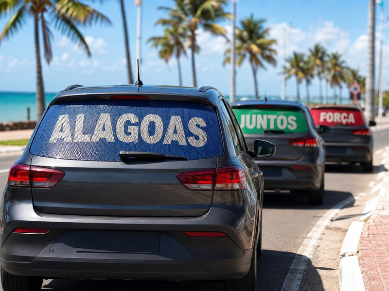 Tres carros em carreata na orla de Maceió com adesivos perfurados de cores diferentes