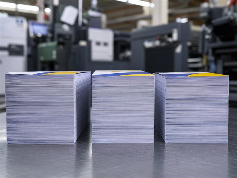 Maços de santinhos eleitorais recém impressos sobre a mesa da gráfica